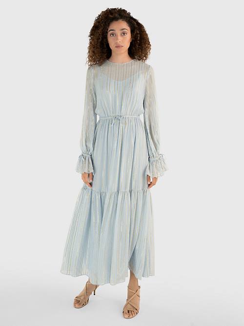 Blue Tommy Hilfiger Gold Stripe Silk Blend Maxi Women\'s Dress | TH927NAS