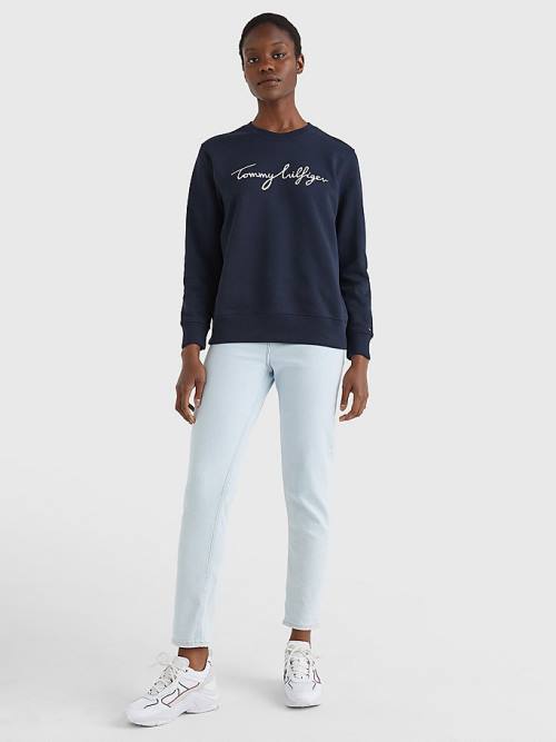 Blue Tommy Hilfiger Graphic Crew Neck Women's Sweatshirts | TH924KPN