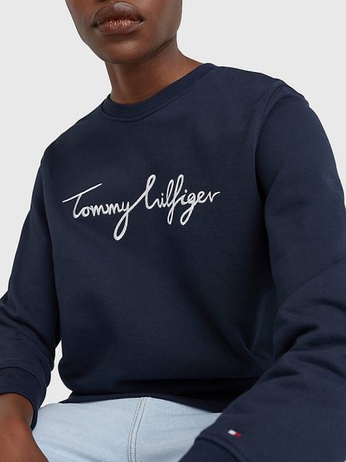 Blue Tommy Hilfiger Graphic Crew Neck Women's Sweatshirts | TH924KPN