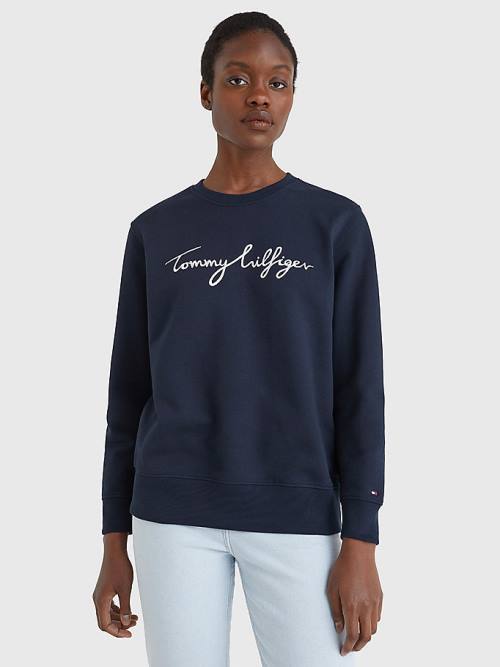 Blue Tommy Hilfiger Graphic Crew Neck Women\'s Sweatshirts | TH924KPN