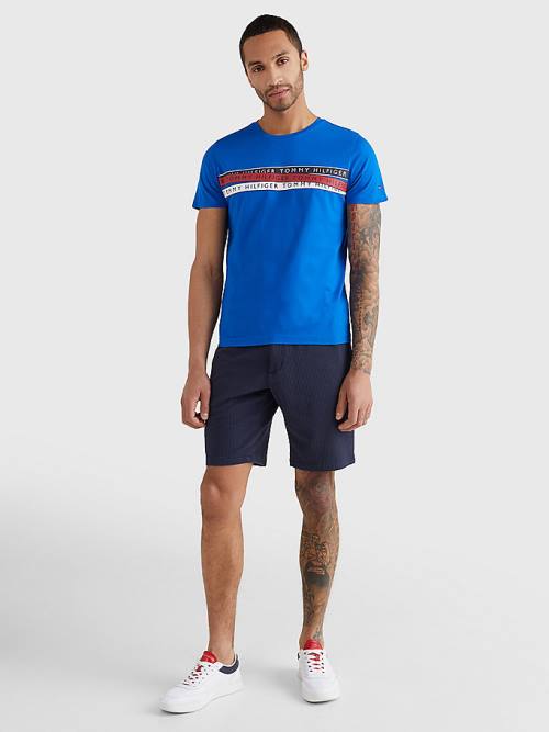 Blue Tommy Hilfiger Graphic Tape Logo Men's T Shirts | TH561VAN