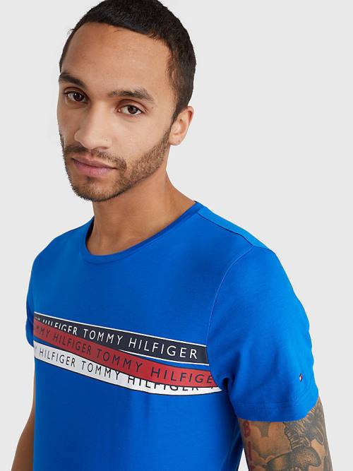 Blue Tommy Hilfiger Graphic Tape Logo Men's T Shirts | TH561VAN