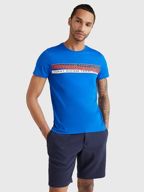 Blue Tommy Hilfiger Graphic Tape Logo Men\'s T Shirts | TH561VAN