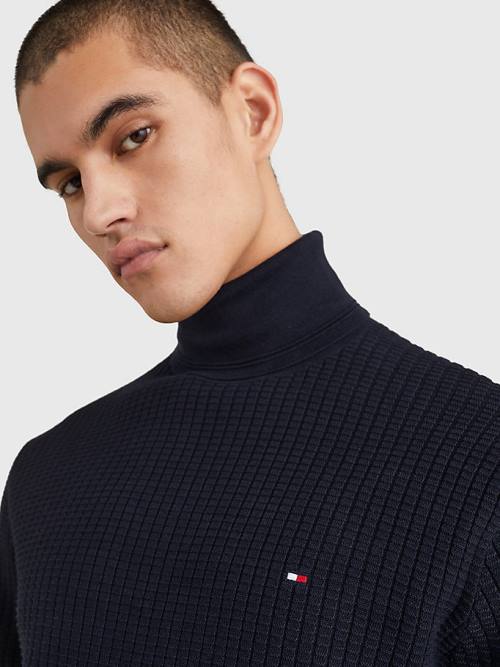 Blue Tommy Hilfiger Grid Check Roll Neck Jumper Men's Sweaters | TH349ZVR