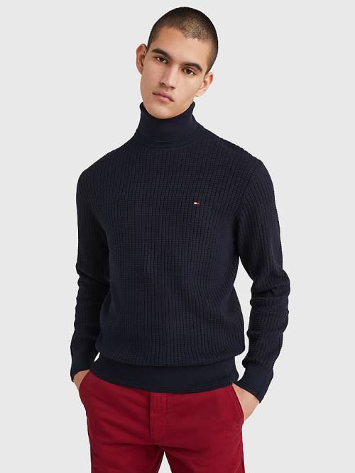 Blue Tommy Hilfiger Grid Check Roll Neck Jumper Men\'s Sweaters | TH349ZVR