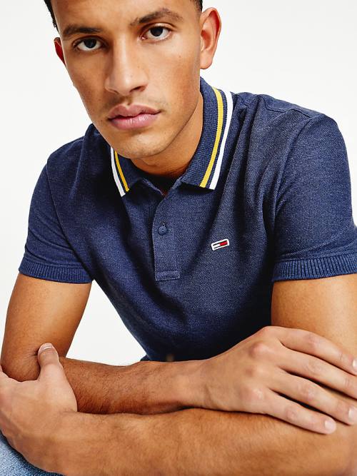 Blue Tommy Hilfiger Heathered Knit Tipped Collar Men's Polo Shirts | TH063QJA