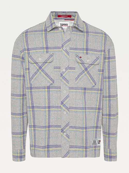 Blue Tommy Hilfiger Heathered Organic Cotton Check Overshirt Men\'s Shirts | TH091TMD