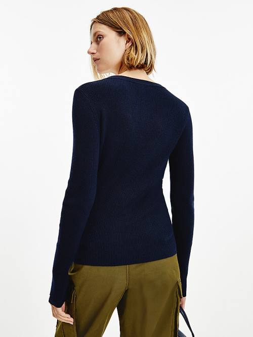 Blue Tommy Hilfiger Henley Ribbed Wool Blend Jumper Women's Sweaters | TH201KAT