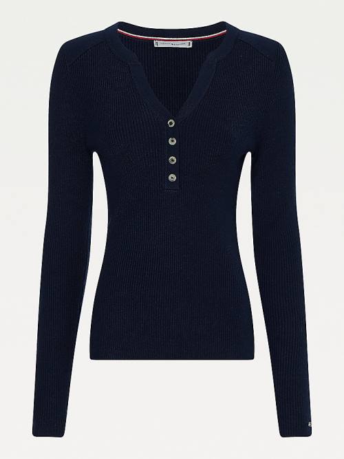 Blue Tommy Hilfiger Henley Ribbed Wool Blend Jumper Women's Sweaters | TH201KAT