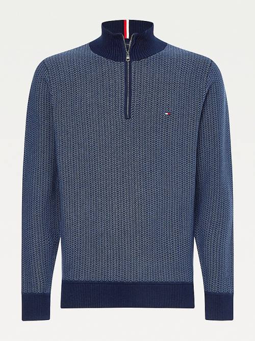 Blue Tommy Hilfiger Herringbone Knit Half-Zip Jumper Men's Sweaters | TH132QKD