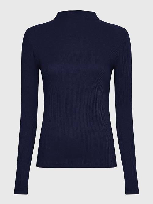 Blue Tommy Hilfiger High Neck Skinny Fit Modal Jumper Women's T Shirts | TH205RQN