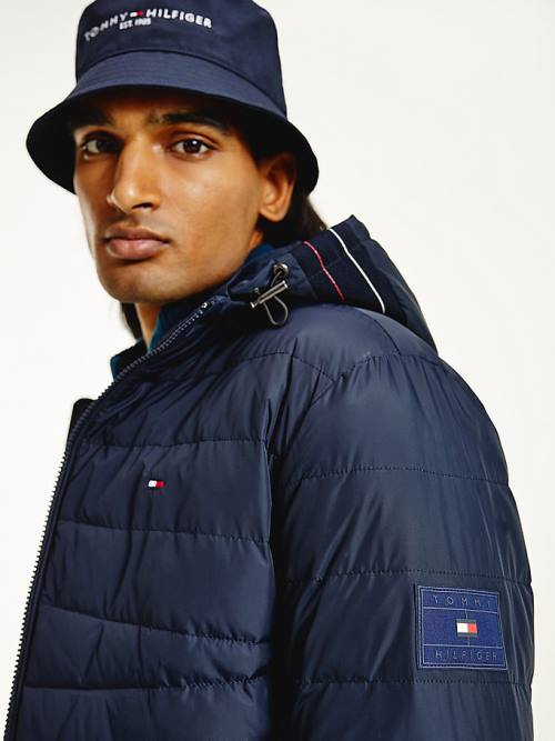 Blue Tommy Hilfiger Hooded Tape Puffer Men's Jackets | TH190TGF