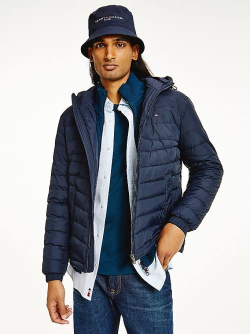 Blue Tommy Hilfiger Hooded Tape Puffer Men\'s Jackets | TH190TGF