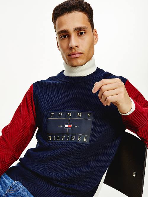 Blue Tommy Hilfiger Icons Colour-Blocked Mixed Knit Jumper Men's Sweaters | TH815UDT