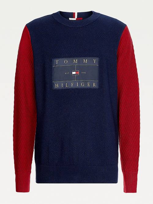 Blue Tommy Hilfiger Icons Colour-Blocked Mixed Knit Jumper Men's Sweaters | TH815UDT