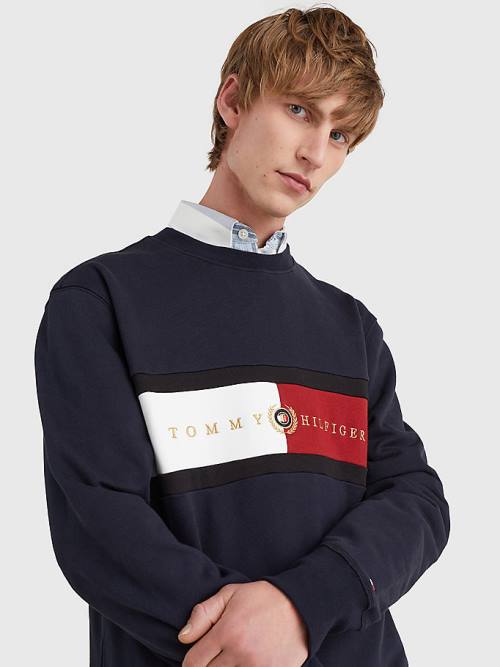 Blue Tommy Hilfiger Icons Logo Crew Neck Men's Sweatshirts | TH859RHL