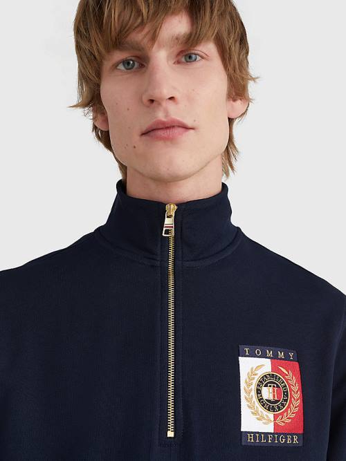 Blue Tommy Hilfiger Icons Logo Half-Zip Men's Hoodie | TH624SLO