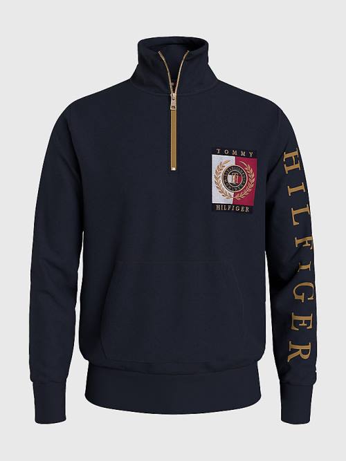 Blue Tommy Hilfiger Icons Logo Half-Zip Men's Hoodie | TH624SLO