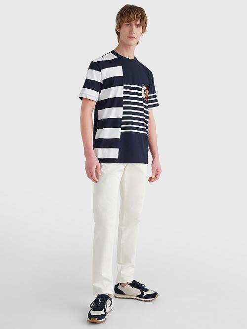 Blue Tommy Hilfiger Icons Mixed Stripe Men's T Shirts | TH027UMW