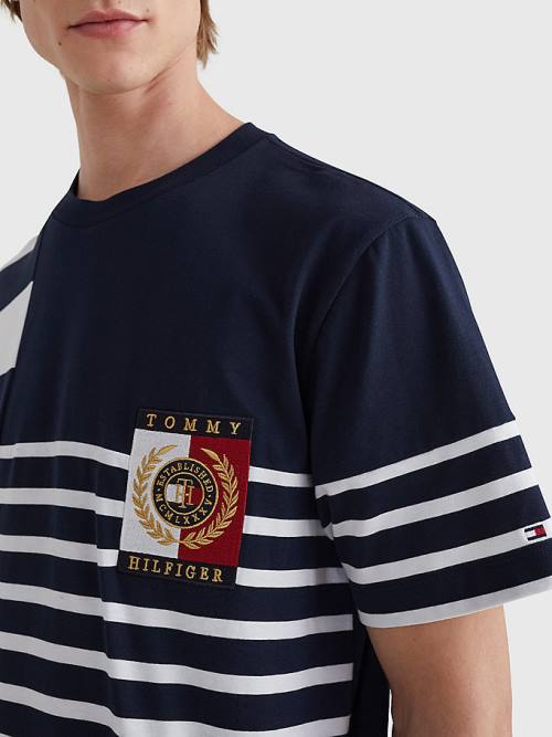 Blue Tommy Hilfiger Icons Mixed Stripe Men's T Shirts | TH027UMW