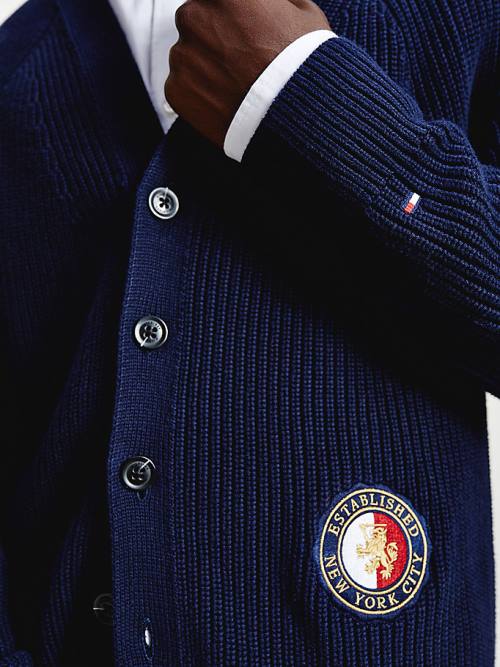 Blue Tommy Hilfiger Icons Oversized Crest Cardigan Men's Sweaters | TH173CGB