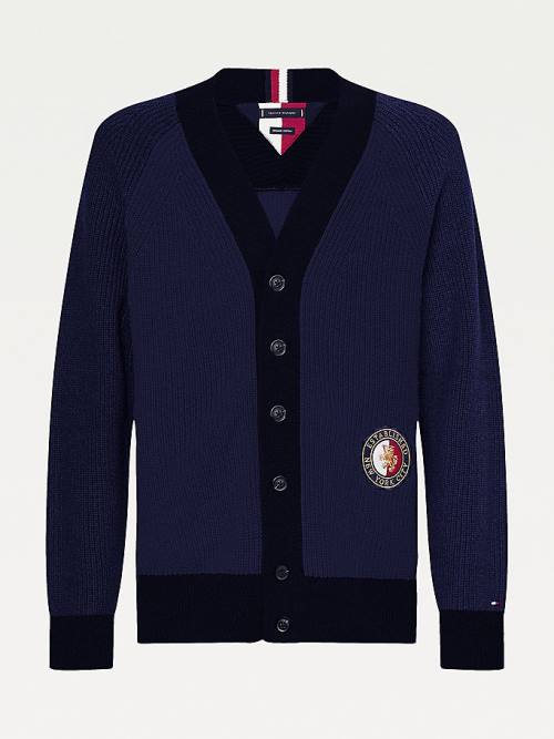 Blue Tommy Hilfiger Icons Oversized Crest Cardigan Men's Sweaters | TH173CGB