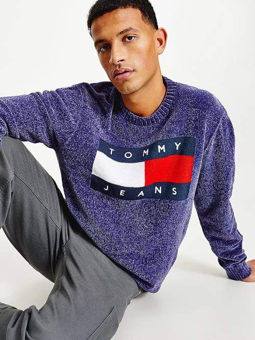 Blue Tommy Hilfiger Intarsia Flag Relaxed Fit Jumper Men's Sweaters | TH690BAK