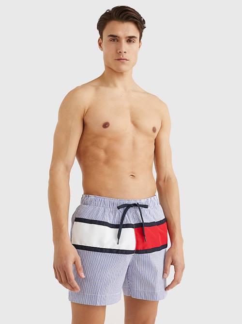 Blue Tommy Hilfiger Ithaca Stripe Colour-Blocked Mid Length Shorts Men's Swimwear | TH064YGC