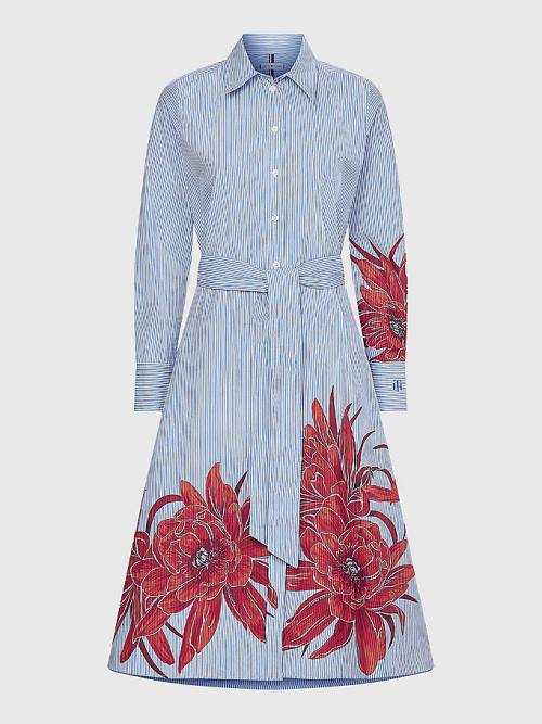 Blue Tommy Hilfiger Ithaca Stripe Floral Print Shirt Women's Dress | TH164FVI