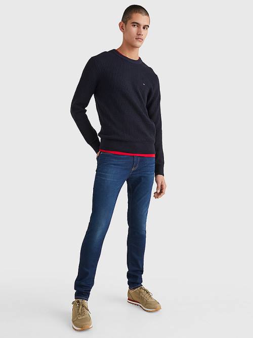 Blue Tommy Hilfiger Knitted Grid Check Crew Neck Jumper Men's Sweaters | TH618FCQ