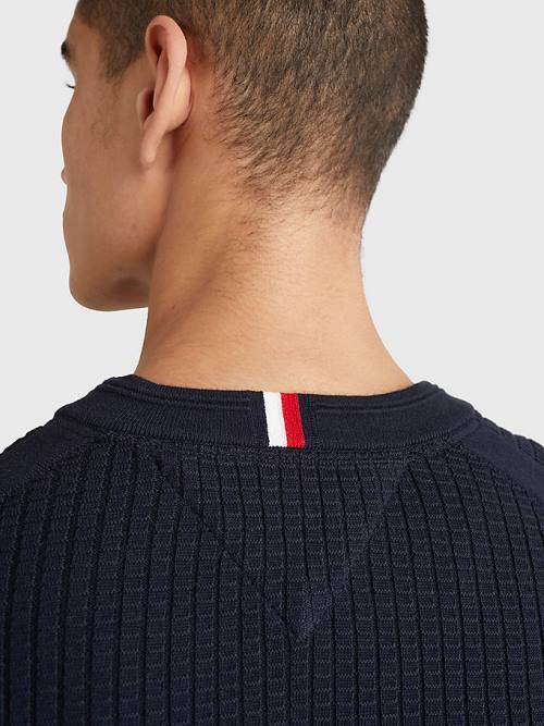 Blue Tommy Hilfiger Knitted Grid Check Crew Neck Jumper Men's Sweaters | TH618FCQ