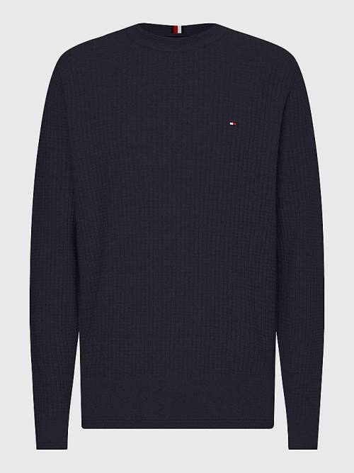 Blue Tommy Hilfiger Knitted Grid Check Crew Neck Jumper Men's Sweaters | TH618FCQ