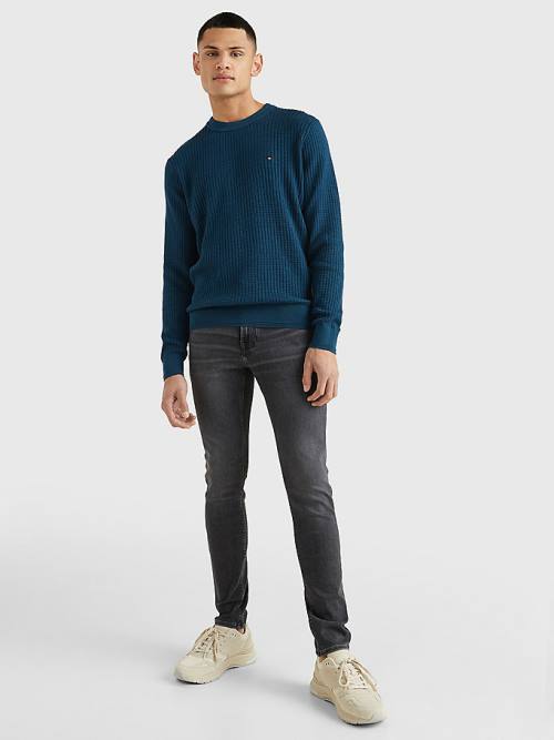 Blue Tommy Hilfiger Knitted Grid Check Crew Neck Jumper Men's Sweaters | TH680AHZ