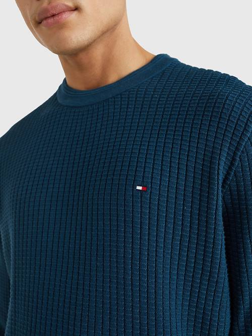 Blue Tommy Hilfiger Knitted Grid Check Crew Neck Jumper Men's Sweaters | TH680AHZ