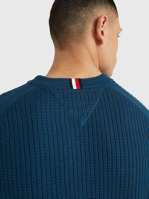 Blue Tommy Hilfiger Knitted Grid Check Crew Neck Jumper Men's Sweaters | TH680AHZ