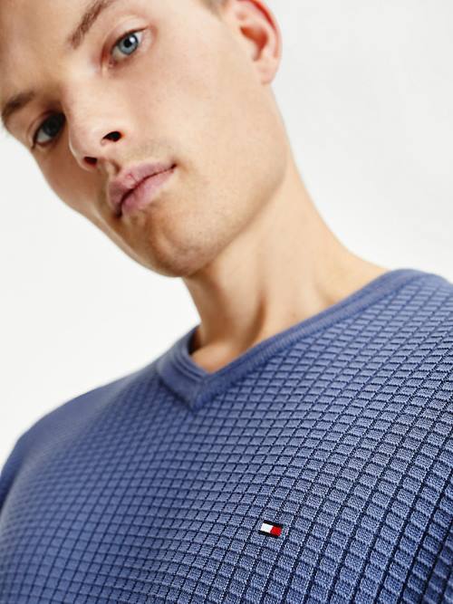 Blue Tommy Hilfiger Knitted Grid Check V-Neck Jumper Men's Sweaters | TH720SUG