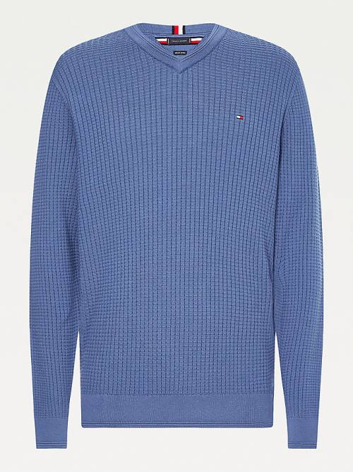 Blue Tommy Hilfiger Knitted Grid Check V-Neck Jumper Men's Sweaters | TH720SUG