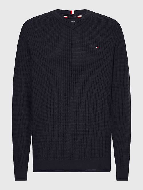 Blue Tommy Hilfiger Knitted Grid Check V-Neck Jumper Men's Sweaters | TH837XYL