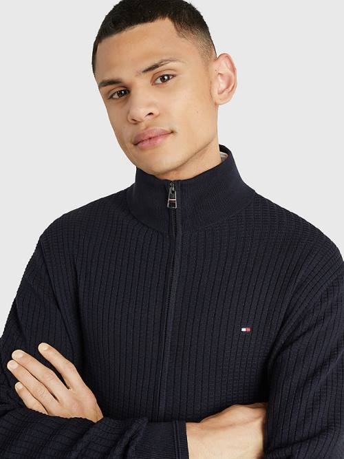 Blue Tommy Hilfiger Knitted Grid Check Zip-Thru Jumper Men's Sweaters | TH750TYM