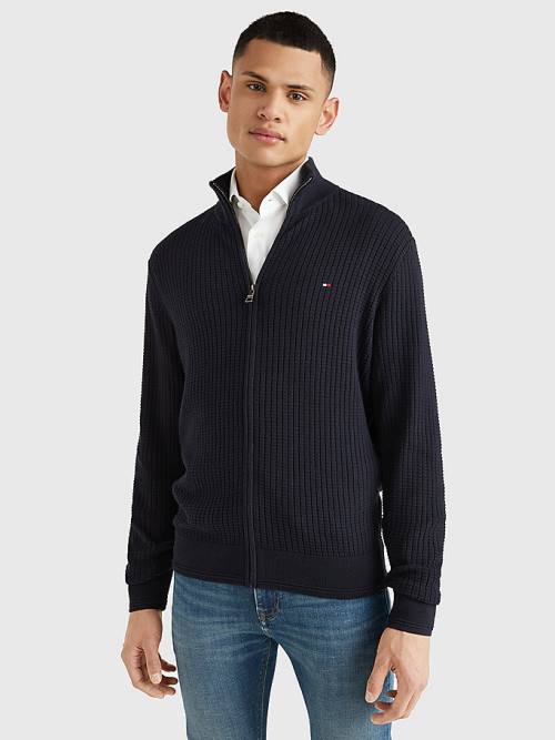 Blue Tommy Hilfiger Knitted Grid Check Zip-Thru Jumper Men\'s Sweaters | TH750TYM