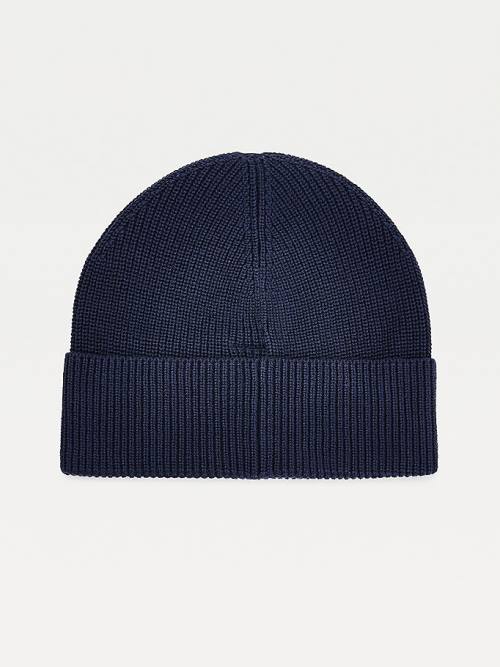 Blue Tommy Hilfiger Knitted Organic Cotton Badge Beanie Men's Hats | TH312RGK