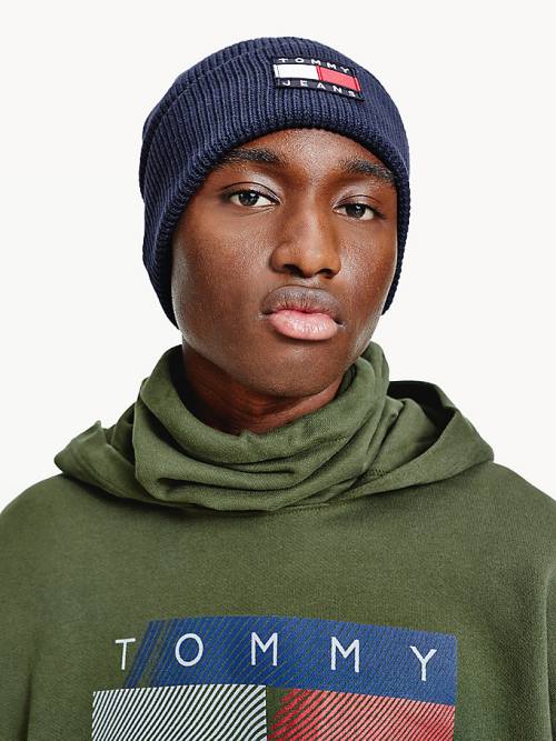 Blue Tommy Hilfiger Knitted Organic Cotton Badge Beanie Men's Hats | TH312RGK