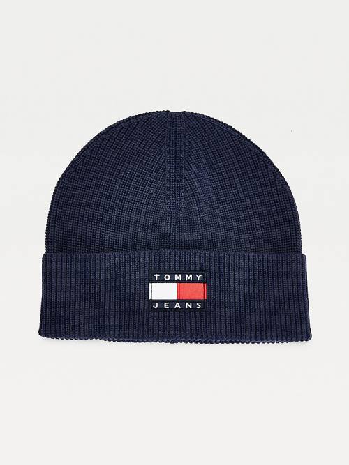 Blue Tommy Hilfiger Knitted Organic Cotton Badge Beanie Men\'s Hats | TH312RGK