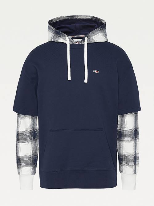 Blue Tommy Hilfiger Layered Check Print Relaxed Men's Hoodie | TH270DQM