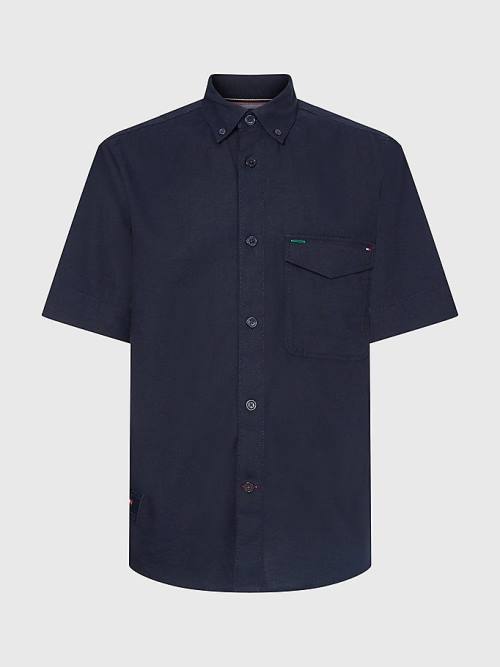 Blue Tommy Hilfiger Linen Blend Short Sleeve Men\'s Shirts | TH371TME