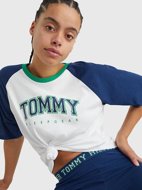 Blue Tommy Hilfiger Logo Contrast Trim Colour-Blocked Women's T Shirts | TH673DZN