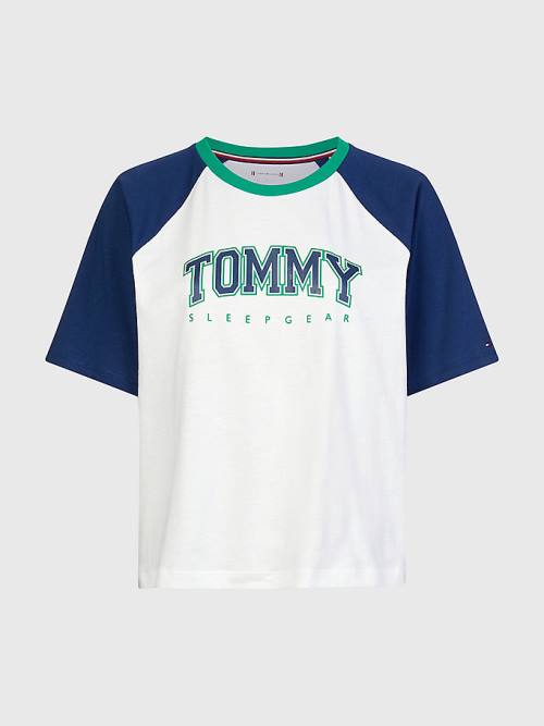 Blue Tommy Hilfiger Logo Contrast Trim Colour-Blocked Women's T Shirts | TH673DZN