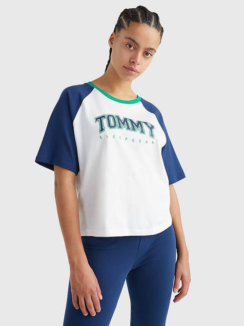 Blue Tommy Hilfiger Logo Contrast Trim Colour-Blocked Women\'s T Shirts | TH673DZN