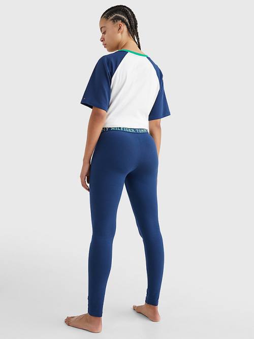 Blue Tommy Hilfiger Logo Contrast Trim Full Length Women's Leggings | TH631LST