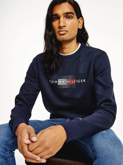 Blue Tommy Hilfiger Logo Crew Neck Men's Sweatshirts | TH913YEZ